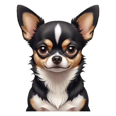 Cinematic Grumpy Black Tri Short Haired Chihuahua Portrait Emoji, Head tilted slightly with a deeply unimpressed expression, thick black tri-color fur with prominent white and tan patches, large, droopy dark eyes narrowed into an unamused glare, ears slightly drooping in exasperation, Simplified yet comically expressive features, highly detailed, glowing with a dry, sarcastic glow, high shine, effortlessly judgmental yet dignified, stylized with a touch of cynicism, bright but brooding, soft glowing outline, capturing the essence of an eternally unimpressed yet endearing pup, so lifelike it feels like it could sigh heavily at you in disdain at any moment! sticker