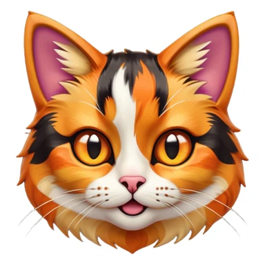 Cinematic Comical Calico Cat Portrait Emoji, Head tilted dramatically with an exaggeratedly surprised expression, showcasing a vibrant patchwork fur of orange, black, and white with wide, comically expressive eyes, simplified yet hilariously detailed, glowing with a sassy, golden radiance, high shine, exuding playful mischief and cheeky feline attitude, styled with a soft glowing outline, capturing the essence of a calico cat that looks ready to leap off the screen with mischievous flair! sticker