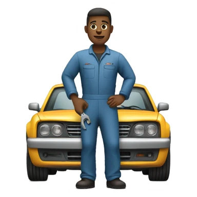 A mechanic working in a garage, wearing a jumpsuit, holding a wrench, and standing next to a car that needs repairs sticker