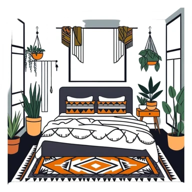 modern bohemian bedroom with hanging plants, layered patterned rugs, and lots of cozy blankets on bed sticker