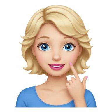 Girl Blonde short wavy hair,  blue eyes, cute blue top, long lashes, pink lips, smiling, hand over the mouth sticker