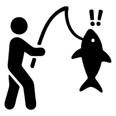 a man with a fishing pole, a surprised shark caught at the end, simple bold icon style sticker