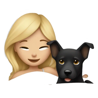 blond girl cuddling in bed with a black/ tan colored dog and cozy blankets sticker