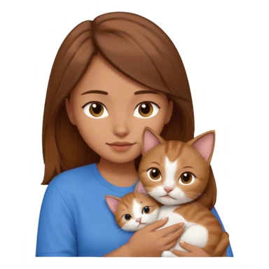 Create an emoji that has a girl wearing a blue shirt and brown hair snuggling a kitten. sticker