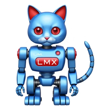 generate robot cat, glossy, realstic, red and blue color, add text on chest "LMX" sticker