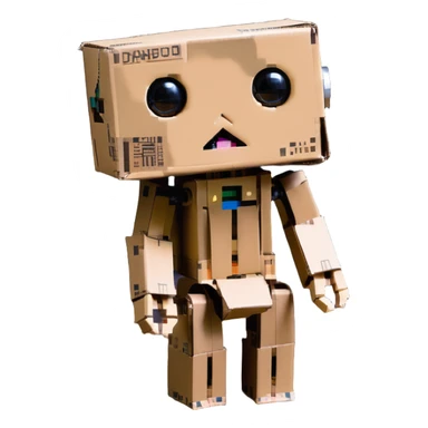 small cardboard robot named Danbo standing alone in a softly lit room, square head with two round black eyes and a small rectangular mouth, folded cardboard body, jointed arms and legs, wooden flooring, warm tones, soft shadows, cartoonish, clean lines, pastel colors, cozy and nostalgic atmosphere sticker