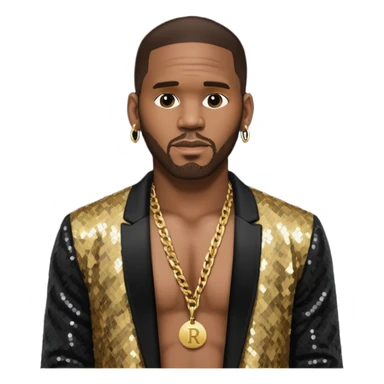 R. Kelly with dark brown hair, black sequin jacket, shirtless with necklace sticker
