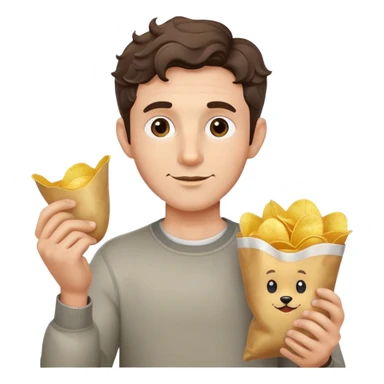 Man with short wavy hair, large ears, holding potato chips sticker