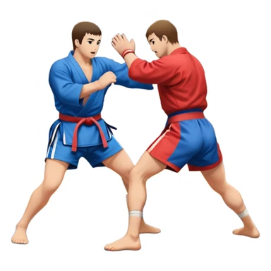 An icon symbolizing Sambo, featuring two fighters in blue and red kimonos with shorts. One executes a powerful throw, while the other attempts a defensive grab. The fighters are engaged in a grapple, using joint locks and sweeps. The background features a wrestling mat/ sticker