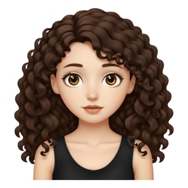 Aesthetic white girl with long curly hair color dark brown, hair most be in front of the shoulders (hair in front of the shoulders, less voluminous). Big almond shape eyes color brown, small wide nose, natural lips, sweet expression. Dressed with a cute tight top color black.  sticker
