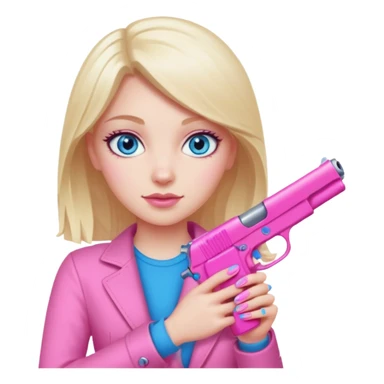 white girl with blue eyes, hand with pink nails holding a pink gun sticker