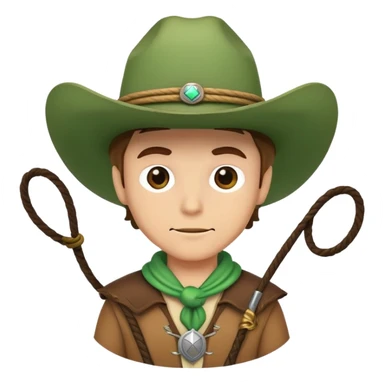 Cowboy character wearing a green hat with a lasso sticker