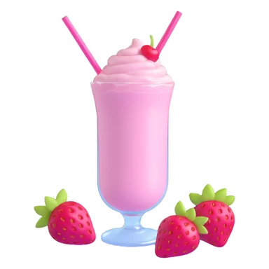 3D style strawberry milkshake with pink hue and cherry on top, glass with straw, simple background sticker