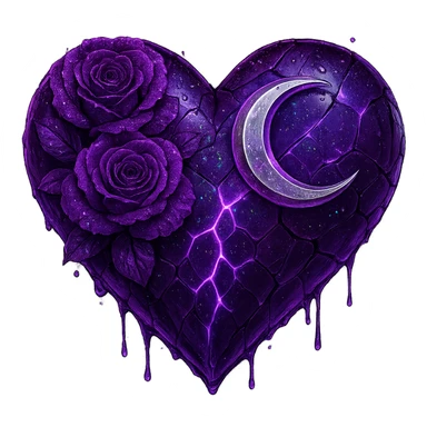 Edit the gothic heart to feature splintered deep purple glass, a silver crescent moon, purple roses, holographic stardust, neon lightning, and a wet look. Keep the background transparent. The style should reflect a detailed and vibrant gothic aesthetic with emphasis on the glass texture and reflective wet surface. sticker