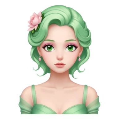 Cinematic Elegant Mulan Portrait Emoji, Dressed in her delicate green matchmaker gown, soft pink makeup, hair pinned perfectly, looking wistful yet radiant, eyes reflecting the depth of her spirit, capturing both her beauty and inner strength! sticker