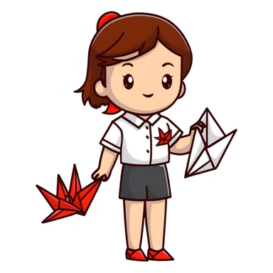 A happy Ukrainian young girl with brown hair in a white embroidered shirt makes an origami red crane craft sticker