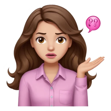 girl with wavy long brown hair, brown eyes, light to medium complexion, long lashes, light pink lipstick, wearing light pink shirt, shrugging, confused sticker