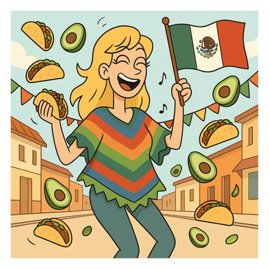 playful cartoon of a tall blonde woman, colorful poncho, smiling, holding taco and avocado, waving Mexico flag, dancing in the street, surrounded by tacos and avocados, street party scene sticker