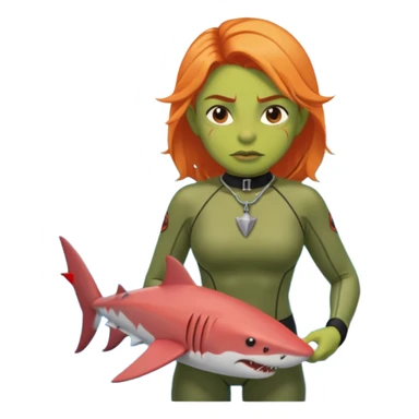 orc female in rescue tube, scanning horizon. Rash guard, shark tooth necklace sticker