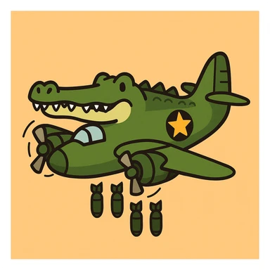 flat toon style crocodile as a bomber plane, simple and fun sticker