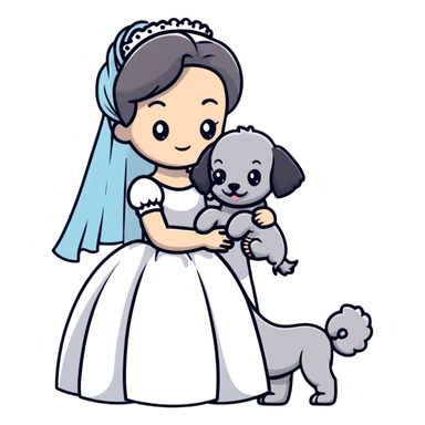 beautiful girl in a wedding dress hugging a small gray poodle sticker