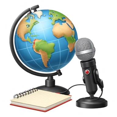An icon showing a microphone, a notepad, and a camera, symbolizing journalism. The design includes a globe in the background, representing global news, and a breaking news banner for emphasis. Transparent background highlights the dynamic world of media and reporting. sticker