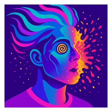 surreal portrait of a person with neon skin, face dissolving in an explosion of colors, airbrush effect, hair as swirling liquid color streams like northern lights, hypnotic spiral eyes, geometric elements along face contour, paint particles flying away, acid purple, turquoise, and electric pink blending, sense of movement sticker