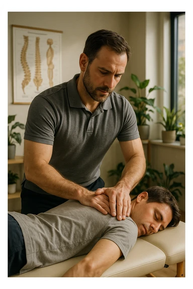 A realistic, cinematic illustration of a professional osteopath in his late 30s, wearing a fitted polo shirt in a neutral color, performing gentle manual manipulations on a patient to improve posture. The osteopath uses precise hand placement along the patient's upper back and cervical spine while the patient lies on a comfortable treatment table in a bright, modern clinic. Anatomical posters showing the spine and posture alignment are on the wall, and the room has warm, natural lighting with plants for a calming atmosphere. The scene emphasizes hands-on osteopathic care to restore body alignment, spinal mobility, and posture, showcasing trust, professionalism, and holistic care sticker