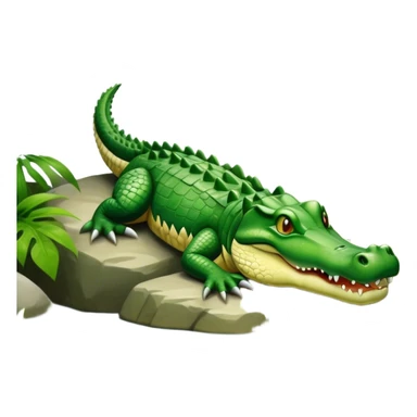 Crocodile resting, surrounded by rocks, water, and tropical plants. The green scales of the crocodile glisten under the light, with its sharp eyes focused ahead. The background features a naturalistic habitat with plants and water, giving it a lifelike feel. sticker