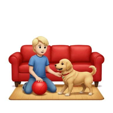 kid and dog playing with ball, living room background sticker