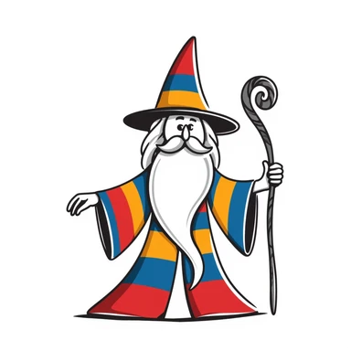 Hand-drawn wizard with beard and Armenian flag colors (red, blue, orange) on robe and hat sticker