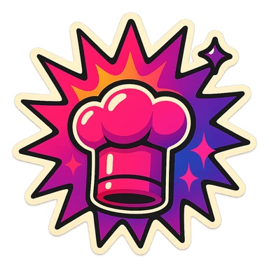 chef's hat, lot of colors explosions, playful and modern with gradient FF4D67, 9D34FF gradient, border black, vibrant, matching image reference  sticker
