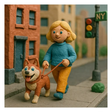 Cute Blonde woman wearing a sweater walking a happy red-brown blue-eyed Siberian husky in New York City on an upper east side city sidewalk  sticker