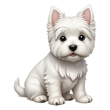 cinematic-[west highland white terrier]-realistic-full-body-sitting-emoji,-tail-resting-loosely-beside-its-paws,-head-tilted-dramatically, dooped ears -wavy-[white-fur,-simplified-yet-realistic-focused-features,-highly-detailed,-glowing-with-an-almost-sarcastic-glow sticker