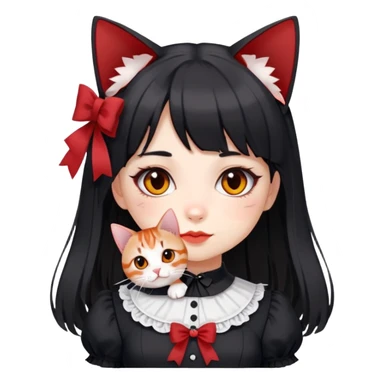 girl wearing black Lolita style dress, with medium-length black hair with red tips, and an American Shorthair tabby cat sticker