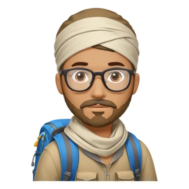 adventurer with goatee beard (no beard on cheeks), short hair, glasses, bandana on head and backpack sticker