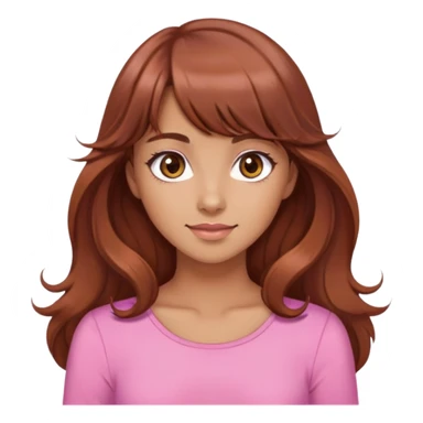 cute woman, tan skin, big brown eyes, long wavy auburn hair, bangs, pink top sticker