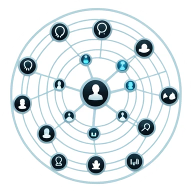 Interconnected circles with minimalist silhouette icons, linked by glowing lines in a web pattern over a neutral digital background sticker