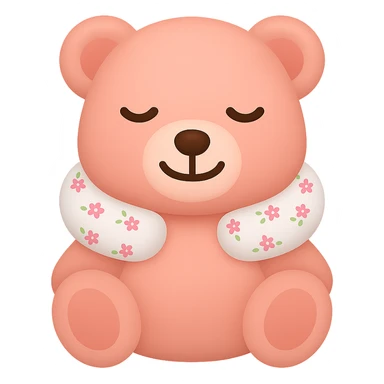 Create an iPhone emoji style pink teddy bear with a floral neck pillow. The bear has closed eyes and is smiling, simple and cute, with a transparent background. Maintain the iPhone emoji style look. sticker