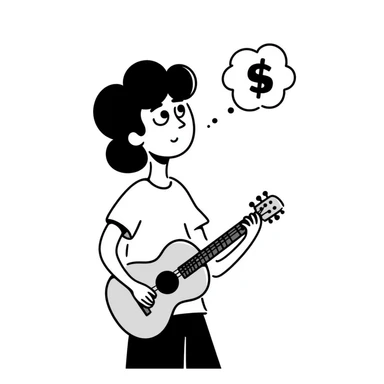 Close-up of a musician's face and torso, holding a guitar, looking up at the sky with a sad and worried expression, with a small thought cloud above showing something causing concern sticker