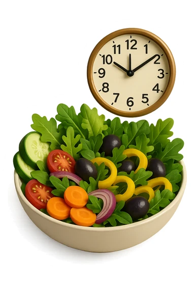 bowl con insalatona e orologio che le fluttua dietro che simboleggia una cena fatta in ritardo in 3d sticker