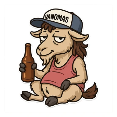 сгенерируй стикеры с козлом в стиле телеграм. козел держит бутылку с пивом в кепке "VANOMAS" и сидит в розовой майке-алкашке. прическа - малет. фон прозрачный sticker