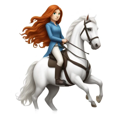 long-haired redhead woman with blue eyes, on a white horse back riding sticker