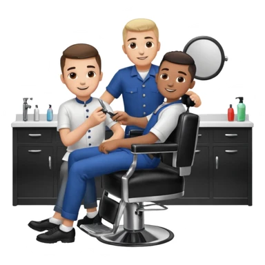 Barber cutting boys hair. Show the boy sat in black barber chair and both having smiles on their faces sticker