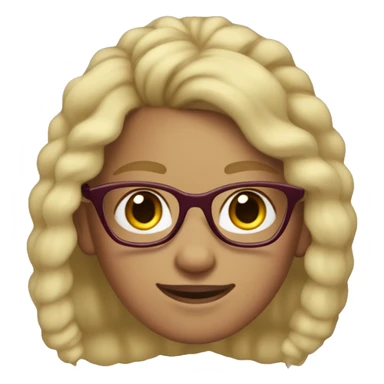 girl with freckles and blonde wavy hair in pony tail, wearing burgundy glasses and a hoodie sticker