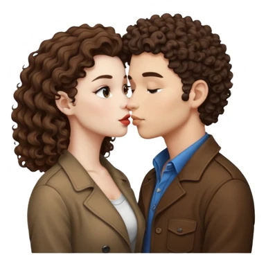 A couple kissing, the man would be white-skinned, mid fade-curly, brown-hair. The serious woman with white skin, brown color sticker