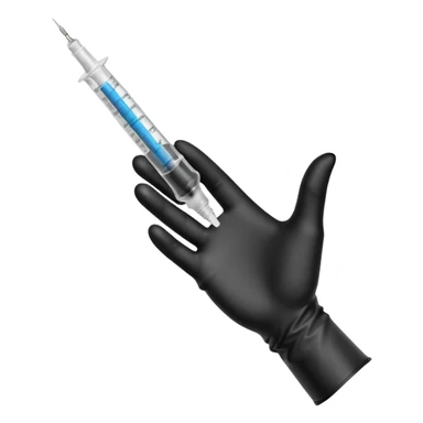 mano con guante medico de color negro sosteniendo una jeringa no tan grande y que solo se vea la mano hasta la muñeca, no el brazo y que el liquido de la jeringa sea transparente sticker