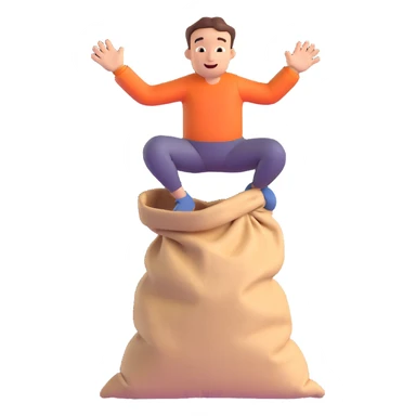 simplified minimal details man jumping inside of a sack, 3D style sticker