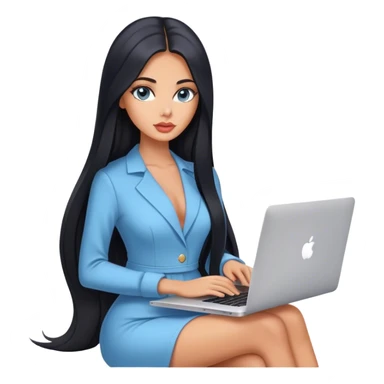 Glamours tanned very beautiful girl with pump peach nude lips and black straight smooth long hair, blue-grey eyes in beautiful clothing with MacBook sticker