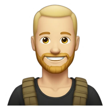 White guy, short bearded, no hair, blonde with a black t-shirt smiling sticker
